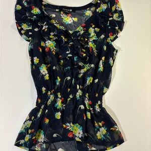 Forever 21 Floral Ruffle Blouse - Black and Yellow